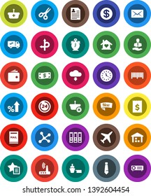 White Solid Icon Set- alarm clock vector, scissors, wallet, percent growth, receipt, binder, personal information, tie, route, plane, client, port, warehouse, network, router, favorites, mail, cash