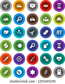 White Solid Icon Set- ambulance star vector, heart pulse, cross, eye, magnifier, pregnancy, insemination, syringe, crutches, scissors, scalpel, sand clock, patch, pills, microbs, chromosomes, sperm