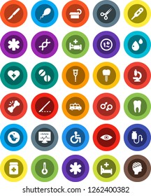White Solid Icon Set- ambulance star vector, disabled, heart cross, thermometer, eye, gender sign, dna, pregnancy, crutches, scissors, scalpel, broken bone, pills, bottle, microscope, microbs, sperm