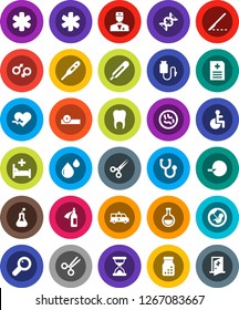 White Solid Icon Set- ambulance star vector, disabled, heart pulse, doctor, thermometer, flask, gender sign, dna, magnifier, pregnancy, insemination, scissors, scalpel, sand clock, stethoscope