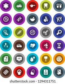 White Solid Icon Set- ambulance star vector, disabled, heart pulse, vial, dna, magnifier, syringe, scissors, sand clock, stethoscope, pills, blister, mortar, eye doctor hat, microbs, chromosomes