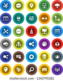 White Solid Icon Set- antenna vector, social media, connection, network, notebook, disconnection, folder, server, cloud shield, browser, gear, equalizer, firewall, share, message, bench, upload, pin