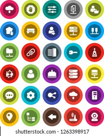 White Solid Icon Set- antenna vector, social media, server, disconnection, network folder, big data, gear, equalizer, hub, router, lan connector, message, bench, arrow, cloud upload, download, login