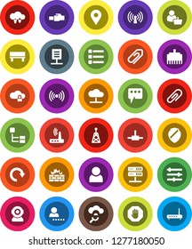 White Solid Icon Set- antenna vector, connect, network server, cloud, glass, lock, exchange, equalizer, menu, shield, firewall, router, lan connector, message, bench, redo, hierarchy, document, user