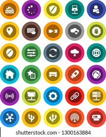 White Solid Icon Set- antenna vector, social media, connection, notebook network, folder, server, cloud shield, gear, equalizer, firewall, usb modem, home, favorites, bench, refresh, download, globe