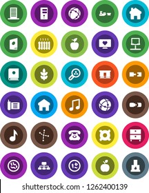 White Solid Icon Set- apple fruit vector, music, archive, constellation, hierarchy, any currency, cereals, heart monitor, phone, port, Railway carriage, microbs, connection, notebook network, server