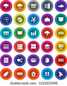 White Solid Icon Set- archive vector, personal information, graph, dollar growth, binder, presentation board, barcode, music hit, social media, network, server, cloud, big data, hub, lan connector