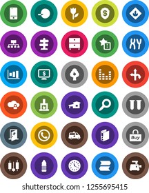 White Solid Icon Set- archive vector, magnifier, graph, japanese candle, binder, hierarchy, monitor dollar, water bottle, route, signpost, clock, tulip, flammable, equalizer, mobile phone, vial, buy