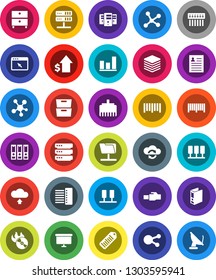 White Solid Icon Set- archive vector, personal information, graph, dollar growth, binder, presentation board, barcode, music hit, social media, network, server, folder, cloud exchange, big data, hub