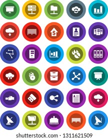 White Solid Icon Set- archive vector, personal information, graph, dollar growth, binder, presentation board, music hit, social media, network, folder, server, cloud exchange, lan connector, upload