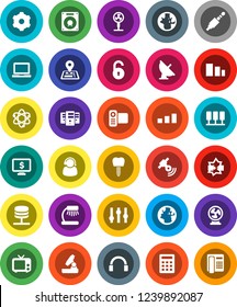White Solid Icon Set- atom vector, microscope, table lamp, notebook pc, world, monitor dollar, navigator, earth, sorting, satellite antenna, satellitie, tv, settings, video camera, headphones, jack
