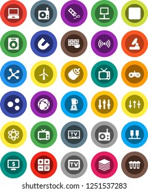 White Solid Icon Set- atom vector, microscope, magnet, monitor dollar, radio, tv, settings, rec button, rca, connection, network, server, notebook, big data, firewall, share, windmill, wireless, pc