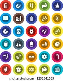 White Solid Icon Set- atom vector, magnet, weight, hand trainer, muscule, boxing glove, gymnast rings, flammable, oil barrel, remote control, battery, rca, gear, solar panel, windmill, factory