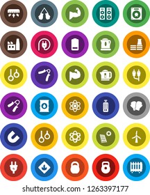 White Solid Icon Set- atom vector, magnet, weight, hand trainer, muscule, boxing glove, gymnast rings, flammable, oil barrel, remote control, battery, rca, solar panel, windmill, air conditioner