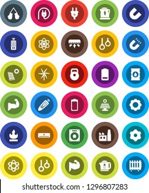 White Solid Icon Set- atom vector, magnet, weight, muscule hand, boxing glove, gymnast rings, flammable, oil barrel, remote control, battery, gear, solar panel, windmill, air conditioner, factory