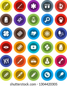 White Solid Icon Set- atom vector, flask, pills vial, first aid kit, ambulance star, heart pulse, thermometer, eye, dna, magnifier, pregnancy, syringe, dropper, scalpel, broken bone, patch, bottle