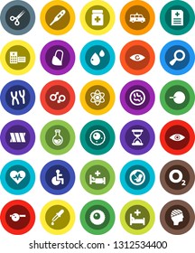 White Solid Icon Set- atom vector, flask, oxygen, disabled, heart pulse, thermometer, eye, gender sign, magnifier, pregnancy, insemination, dropper, scissors, sand clock, pills bottle, doctor hat