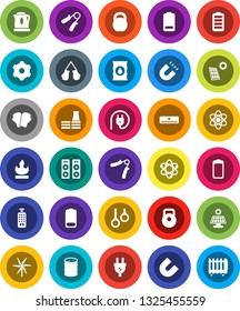 White Solid Icon Set- atom vector, magnet, weight, hand trainer, boxing glove, gymnast rings, flammable, oil barrel, remote control, battery, gear, solar panel, windmill, air conditioner, factory