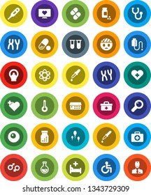 White Solid Icon Set- atom vector, flask, pills vial, heart monitor, first aid kit, doctor bag, disabled, cross, thermometer, gender sign, magnifier, dropper, stethoscope, bottle, chromosomes, sperm