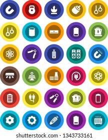 White Solid Icon Set- atom vector, magnet, weight, hand trainer, gymnast rings, flammable, oil barrel, remote control, battery, rca, gear, solar panel, air conditioner, factory, power plug, speaker