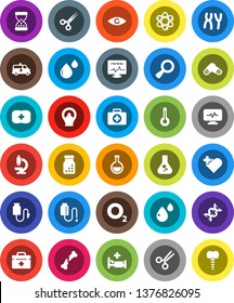 White Solid Icon Set- atom vector, flask, heart cross, first aid kit, oxygen, doctor bag, thermometer, eye, dna, magnifier, scissors, broken bone, sand clock, pills, bottle, microscope, chromosomes