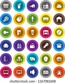 White Solid Icon Set- attention vector, ship, dry cargo, warehouse, microphone, radio, speaker, monitor, rca, shield, hub, bench, hierarchy, cottage, water supply, garage, sold signboard, key, siren