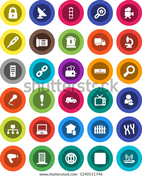 White Solid Icon Set- attention vector, traffic\
light, delivery, car, tv, video camera, stop button, thermometer,\
microscope, chromosomes, chain, globe, hierarchy, login, magnifier,\
fence, lock