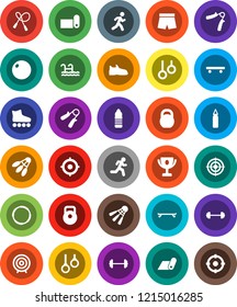 White Solid Icon Set- award cup vector, target, barbell, weight, jump rope, hand trainer, punching bag, fitball, snickers, shorts, roller Skates, skateboard, water bottle, fitness mat, shuttlecock