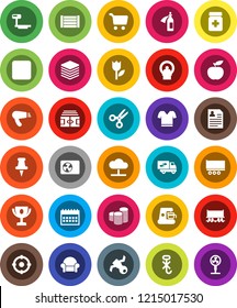 White Solid Icon Set- award cup vector, scissors, cart, coin stack, personal information, calendar, diet, stadium, t shirt, Railway carriage, satellite, truck trailer, wood box, no hook, tulip, data