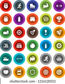 White Solid Icon Set- award cup vector, target, barbell, stadium, weight, punching bag, fitball, muscule hand, boxing glove, shorts, roller Skates, skateboard, medal, sports nutrition, water bottle