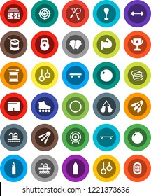 White Solid Icon Set- award cup vector, barbell, stadium, weight, jump rope, punching bag, fitball, muscule hand, boxing glove, shorts, roller Skates, skateboard, target, sports nutrition, pool