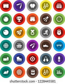 White Solid Icon Set- award cup vector, target, stadium, weight, hand trainer, fitball, snickers, boxing glove, shorts, roller Skates, skateboard, medal, sports nutrition, water bottle, fitness mat