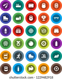 White Solid Icon Set- award cup vector, stadium, weight, hand trainer, punching bag, fitball, muscule, shorts, roller Skates, skateboard, target, medal, sports nutrition, water bottle, fitness mat