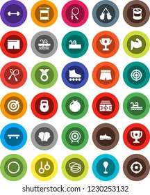 White Solid Icon Set- award cup vector, barbell, stadium, weight, jump rope, punching bag, fitball, muscule hand, snickers, boxing glove, shorts, roller Skates, skateboard, target, medal, pool, hoop