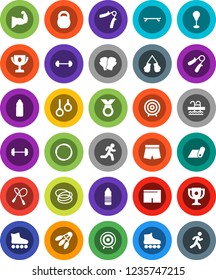 White Solid Icon Set- award cup vector, target, barbell, weight, jump rope, hand trainer, punching bag, muscule, boxing glove, shorts, roller Skates, skateboard, medal, water bottle, fitness mat