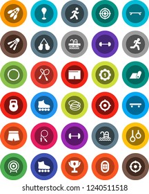 White Solid Icon Set- award cup vector, target, barbell, weight, jump rope, punching bag, boxing glove, shorts, roller Skates, skateboard, medal, fitness mat, shuttlecock, pool, hoop, gymnast rings
