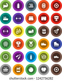 White Solid Icon Set- award cup vector, target, barbell, hand trainer, punching bag, fitball, muscule, snickers, boxing glove, shorts, roller Skates, medal, sports nutrition, water bottle, pool