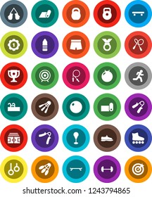 White Solid Icon Set- award cup vector, barbell, stadium, weight, jump rope, hand trainer, punching bag, fitball, snickers, boxing glove, shorts, roller Skates, skateboard, target, medal, run, pool