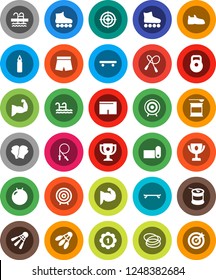 White Solid Icon Set- award cup vector, target, weight, jump rope, punching bag, fitball, muscule hand, snickers, boxing glove, shorts, roller Skates, skateboard, medal, sports nutrition, pool, hoop