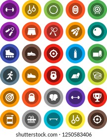 White Solid Icon Set- award cup vector, target, barbell, weight, jump rope, hand trainer, punching bag, fitball, snickers, boxing glove, shorts, roller Skates, skateboard, sports nutrition, pool