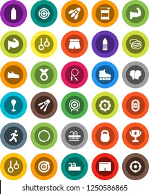White Solid Icon Set- award cup vector, weight, jump rope, punching bag, muscule hand, snickers, boxing glove, shorts, roller Skates, target, medal, sports nutrition, water bottle, shuttlecock, pool