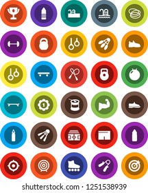 White Solid Icon Set- award cup vector, target, barbell, stadium, weight, jump rope, hand trainer, punching bag, fitball, muscule, snickers, shorts, roller Skates, skateboard, medal, water bottle