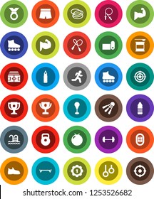 White Solid Icon Set- award cup vector, barbell, stadium, weight, jump rope, punching bag, fitball, muscule hand, snickers, shorts, roller Skates, skateboard, target, medal, sports nutrition, pool