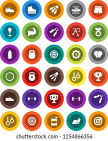 White Solid Icon Set- award cup vector, target, barbell, weight, jump rope, hand trainer, punching bag, muscule, snickers, boxing glove, shorts, roller Skates, medal, sports nutrition, water bottle