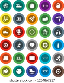 White Solid Icon Set- award cup vector, target, barbell, weight, hand trainer, punching bag, fitball, muscule, snickers, boxing glove, shorts, roller Skates, skateboard, medal, fitness mat, pool