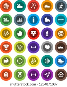 White Solid Icon Set- award cup vector, target, barbell, jump rope, hand trainer, punching bag, fitball, muscule, snickers, boxing glove, roller Skates, skateboard, medal, water bottle, pool, hoop