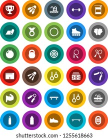 White Solid Icon Set- award cup vector, barbell, stadium, weight, jump rope, hand trainer, punching bag, fitball, muscule, snickers, boxing glove, shorts, roller Skates, skateboard, target, medal