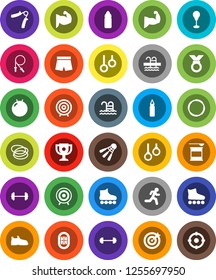 White Solid Icon Set- award cup vector, target, barbell, jump rope, hand trainer, punching bag, fitball, muscule, snickers, shorts, roller Skates, medal, sports nutrition, water bottle, shuttlecock