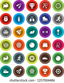 White Solid Icon Set- award cup vector, target, barbell, weight, jump rope, hand trainer, punching bag, fitball, muscule, snickers, boxing glove, shorts, roller Skates, medal, fitness mat, pool, run