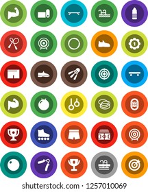 White Solid Icon Set- award cup vector, target, stadium, jump rope, hand trainer, fitball, muscule, snickers, shorts, roller Skates, skateboard, medal, water bottle, fitness mat, shuttlecock, pool